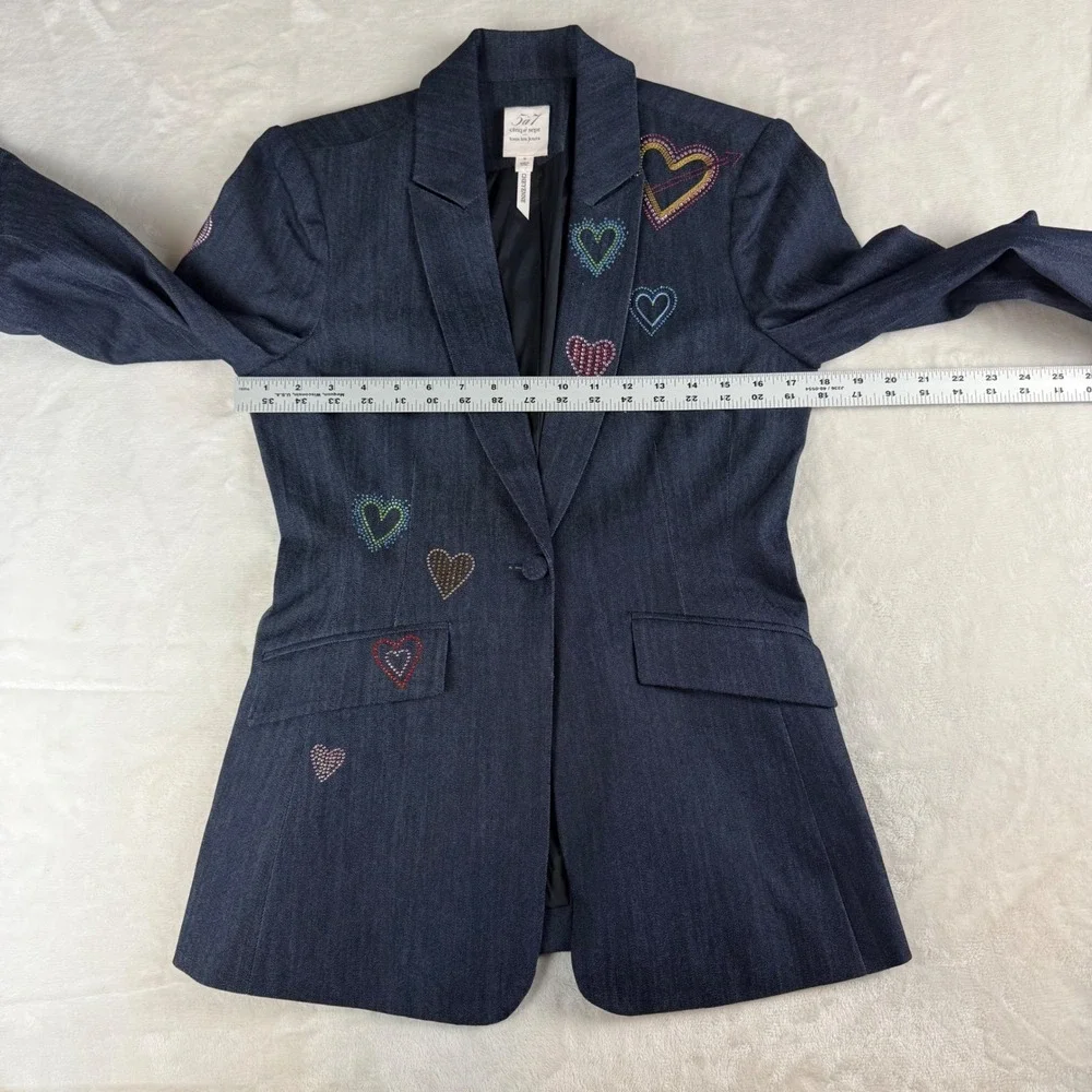 Cinq a Sept Cheyenne Blazer Women Size 6 Blue Denim Rhinestone Heart Embellished
